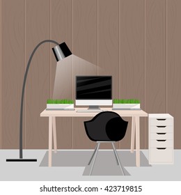 Working Place Modern Office Interior Flat Design Vector Illustration  
Computer desk workplace concept Workplace concept. Modern home office