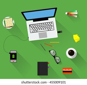 Working place with notebook with different tools. Vector illustration