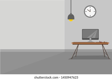 Arbeitsplatz im Büro auf grauem Hintergrund. Vektorgrafik. Tabelle, Computer, Uhr, Bücher in Ordnern.