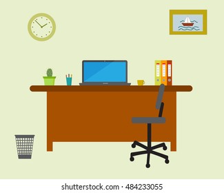 Working place in the office on light green background. Vector illustration. Table, chair, clock, picture. Perfect for advertising, brand sites and magazines