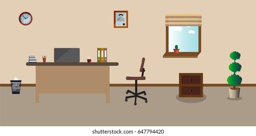 Working place in the office on the light pink background. Vector illustration. Table, clock, chair. plant. cactus. Perfect for advertising, brand sites and magazines 