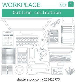 Working place in outline linear flat design. Constructor of your own work space. Vector illustration