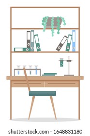 Working place of scientist or researcher. Isolated laboratory equipment and documents. Students or professor workplace in university. Furniture and test tubes for lab interior design. Vector in flat