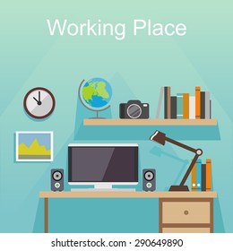 Working place or studying place illustration. Banner illustration. Flat design illustration concepts for working place at office, working place at home, workspace, workplace,  studying place.
