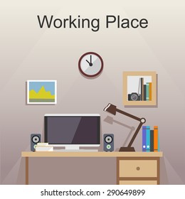 Working place or studying place illustration. Banner illustration. Flat design illustration concepts for working place at office, working place at home, workspace, workplace,  studying place.
