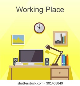 Working place or studying place illustration. Banner illustration. Flat design illustration concepts for working place at office, working place at home, workspace, workplace,  studying place.
