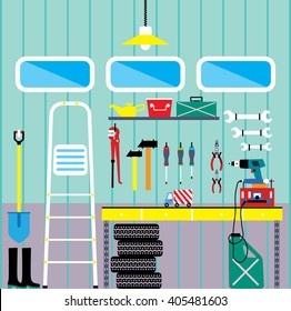 Working place with tools in garage. Storage interior with ladder, tires, tools, worker equipment, garden items, hummer, rain boots, table. Vector illustration.