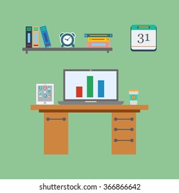 Working place vector illustration, office desk. Table, pc computer, notebook computer, tablet, books, calendar, clock