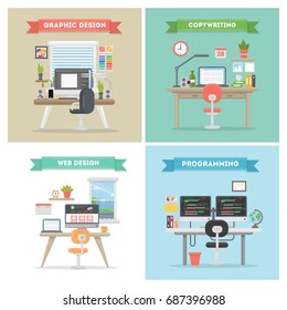 Working places set. Programming and copywriting, web and graphic design.