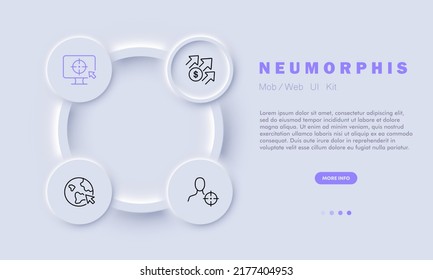 Working Plan Set Icon. Target, Planning, Employee, Earn Money, Dollar Sign, Arrows Up, Growth, Internet, Worldwide. Business Concept. Neomorphism Style. Vector Line Icon For Business And Advertising.