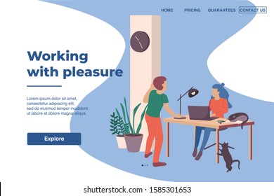 Working with pleasure page design with cats at work flat vector illustration