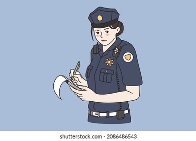 Working as policewoman and detective concept. Young serious woman wearing uniform and hat standing and making notes for work during investigation vector illustration 