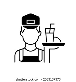 Working Poor Black Linear Icon. Waiter Holding Platter With Fast Food. Underpaid Worker. Part Time Job. Serving Class. Social Group. Outline Symbol On White Space. Vector Isolated Illustration