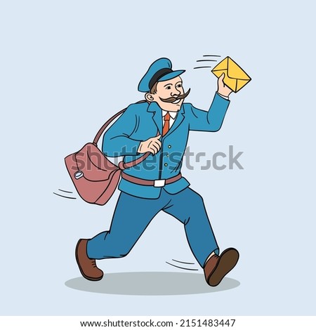 Working as postman with letters concept. Smiling man working as postman wearing uniform running hurrying up with letter for person vector illustration.
