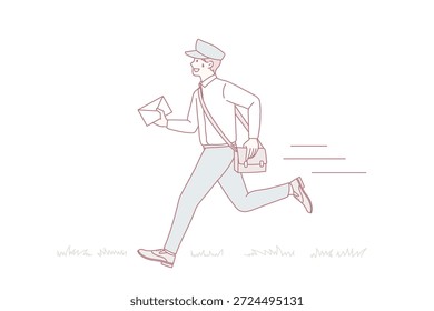 Arbeiten als Postbote mit Buchstaben Konzept. Junger lächelnder Mann, der als Postbote arbeitet und eine Uniform trägt, die mit einem Brief für eine Person eilt, Vektorgrafik