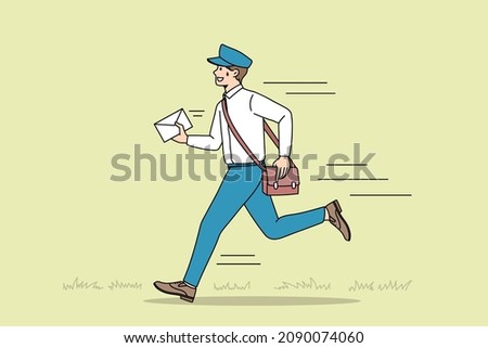 Working as postman with letters concept. Young smiling man working as postman wearing uniform running hurrying up with letter for person vector illustration 