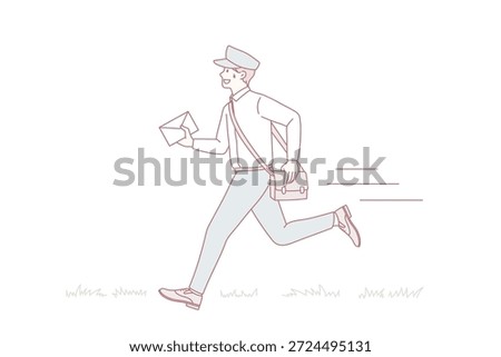 Working as postman with letters concept. Young smiling man working as postman wearing uniform running hurrying up with letter for person vector illustration