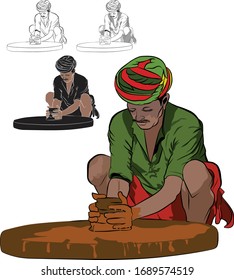 Working potter man wearing traditional dress. Symbolic labor art