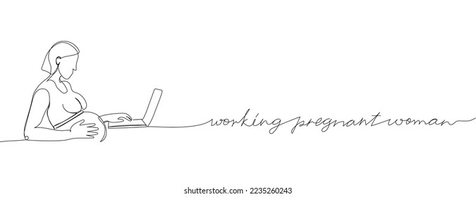 Working pregnant one line art with an inscription. Continuous line drawing of pregnancy, motherhood, preparation for childbirth, work during pregnancy, working woman, maternity leave.