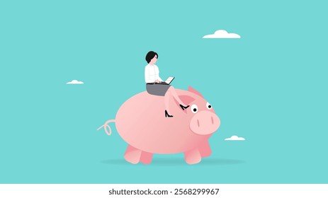 working to prepare for retirement, old age preparation, businesswoman, businessman working on piggy bank using laptop suitable to describe about investment