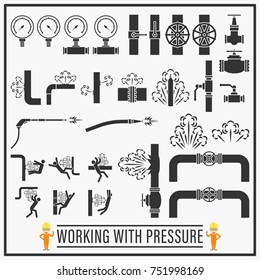 Working with pressure vector icons and symbols design, Set of signs and symbols of high pressure equipments and hazards