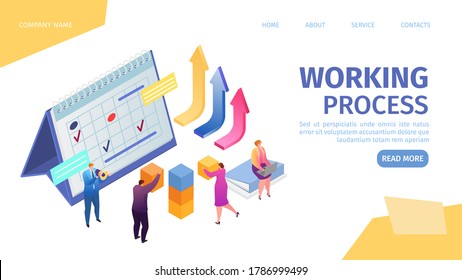 Working proccess in business, teamwork and growing work statistics in creative team landing webpage template, vector illustration. Little people workers together, build, corporate achivement.