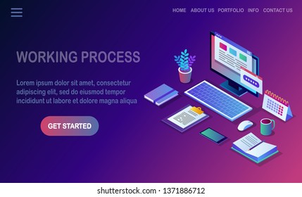 Working process. 3d isometric office workplace with computer, laptop, pc, mobile phone, coffee, notepad, calendar, document. Vector design for banner