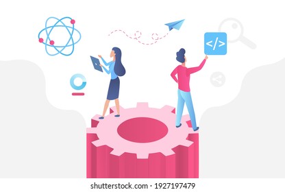 Working process abstract technology vector illustration. Cartoon man woman analyst office workers characters standing on big gear, using mobile device for work analyzing and calculation background