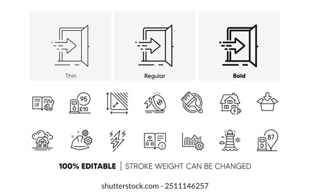 Working process, Building and Petrol station line icons. Pack of Energy price, Technical algorithm, Operational excellence icon. Entrance, Lightning bolt, Engineering documentation pictogram. Vector