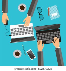 Working process of business team concept. Hands using laptops. Workplace. Vector