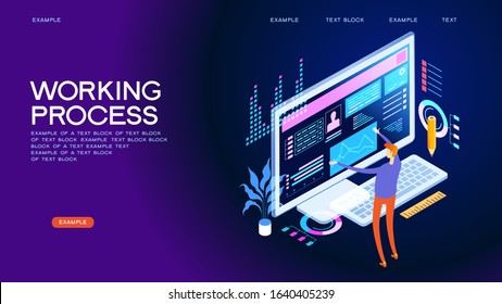 WORKING PROCESS concept. 	
business man with desktop computer vector illustration design. 3d isometric vector illustration.