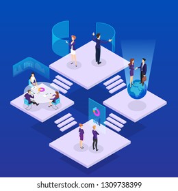 Working process concept. Business people work in team. Brainstorming team. Workers sitting at the desk. Isolated vector isometric illustration