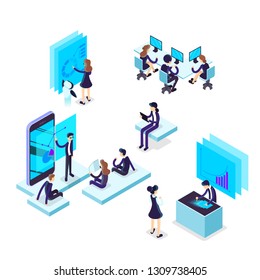 Working process concept. Business people work in team. Brainstorming team. Workers sitting at the desk. Isolated vector isometric illustration
