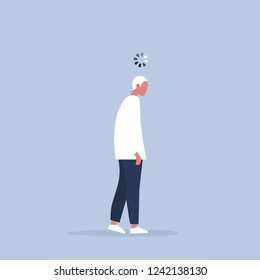 Working process conceptual illustration. Young exhausted manager with a loading bar above his head. Millennials at work.