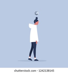 Working process conceptual illustration. Young exhausted manager with a loading bar above her head. Millennials at work.