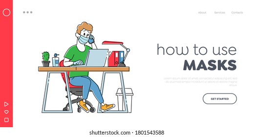 Working Process during Coronavirus Pandemic Landing Page Template. Male Character in Medical Mask Work on Laptop and Speaking by Smartphone in Office, Business Man at Desk. Linear Vector Illustration