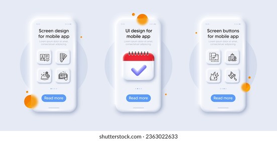 Procesos de trabajo, energía de fuego e iconos de línea de paleta. 3d teléfono se burla del calendario. Pantalla de teléfono inteligente de vidrio. Edificios de rascacielos, Documentación técnica, icono de la web de rodillos de pintura. Vector