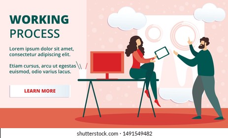 Working Process Horizontal Banner. Business Man and Woman Discussion, Relaxed Characters Team in Office with Computer and Tablet Communicating of Project Development. Cartoon Flat Vector Illustration