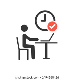 Working process icon with check sign, approved, confirm, done, tick, completed symbol. Pictogram Businessman Working on Computer