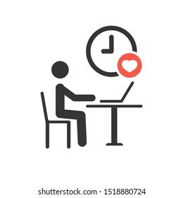 Working process icon with heart sign, favorite, like, love, care symbol. Pictogram Businessman Working on Computer