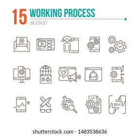 Working process icons. Set of line icons. Making money, technology solution, social media. SEO concept. Vector illustration can be used for topics like development, technology, internet marketing