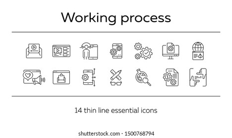 Working process icons. Set of line icons. Making money, technology solution, social media. SEO concept. Vector illustration can be used for topics like development, technology, internet marketing