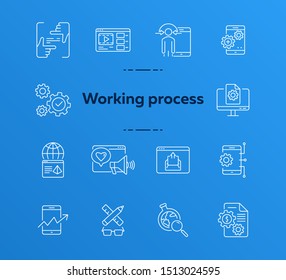 Working process icons. Set of line icons. Making money, technology solution, social media. SEO concept. Vector illustration can be used for topics like development, technology, internet marketing