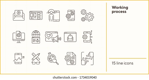 Working process icons. Set of line icons. Making money, technology solution, social media. SEO concept. Vector illustration can be used for topics like development, technology, internet marketing