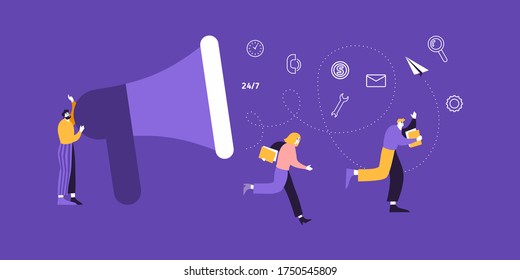 Working process management concept illustration. Manager holding megaphone and giving tasks for workers - task, to-do-lists, money, calls, messages.