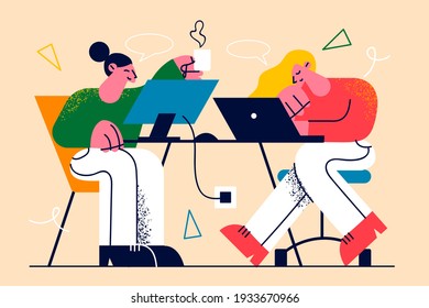 Working process, modern office concept. Young people employees sitting opposite each other at workplaces typing on laptop and computer vector illustration 