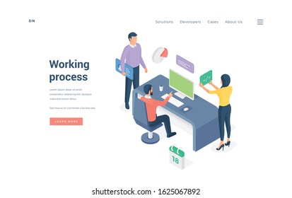 Working process in modern office. Isometric people browsing data and coding while representing working process in office on website banner