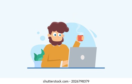 Working process with notebokk and people. Flat vector illustration.