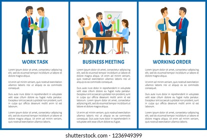 Working process in office, boss and employees. Work task, business meeting and order, graphics with charts, documents folder vector illustrations.