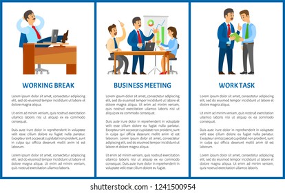 Working process in office, boss and employees. Break and business meeting, work task. Rest and conference with presentation vector illustrations.
